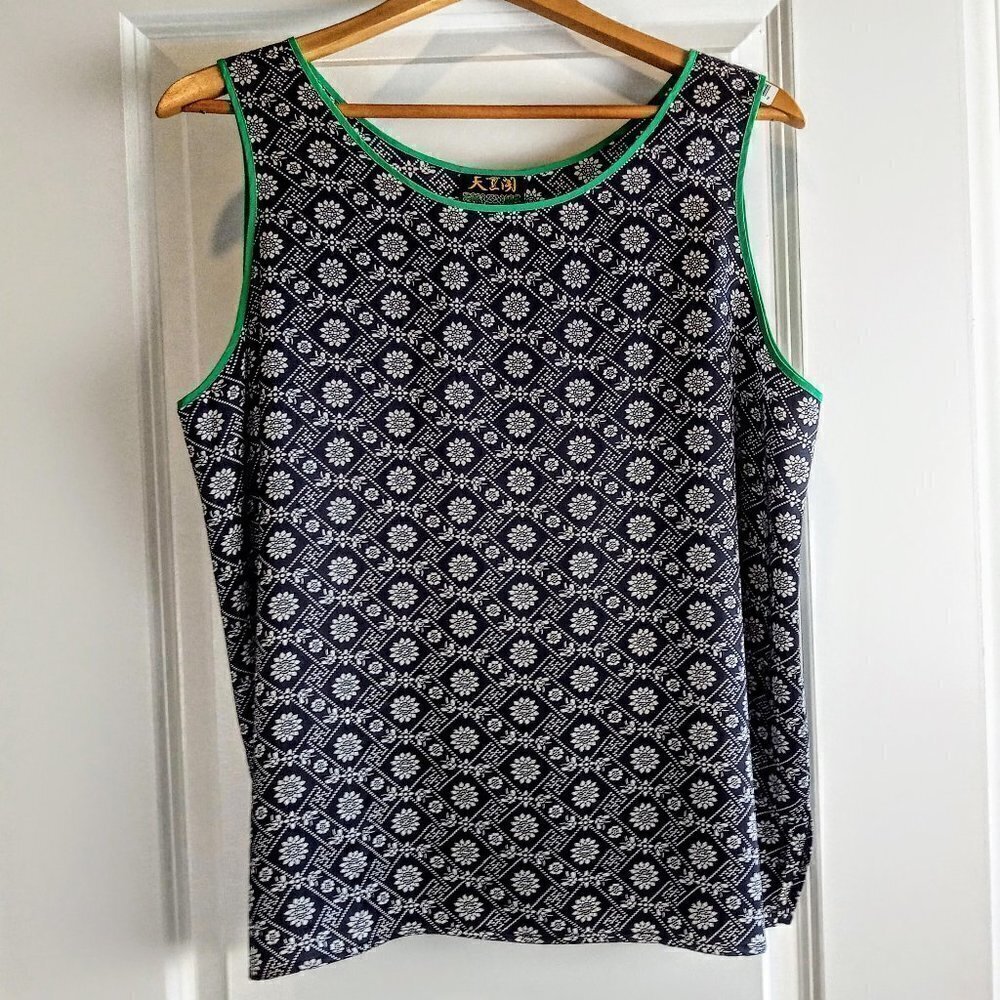 B&W Print Green Trim Pure Silk Sleeveless Top
